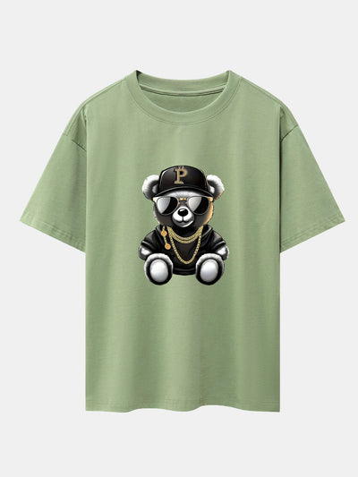 Hip Hop Bear Print Drop Shoulder Oversize T-Shirt