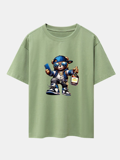 Hip Hop Bear Print Drop Shoulder Oversize T-Shirt