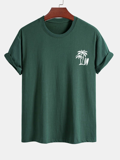 Regular Fit Palm Tree Surfboard Print Cotton T-Shirt