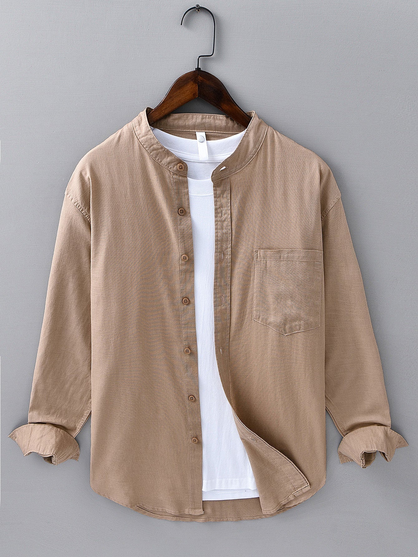 Long Sleeve Linen Cotton Stand Collar Shirt With Pocket