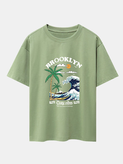 Beach Waves Print Drop Shoulder Oversize T-Shirt