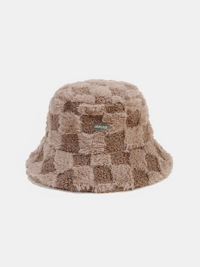 Check Plush Warm Faux Fur Bucket Hat