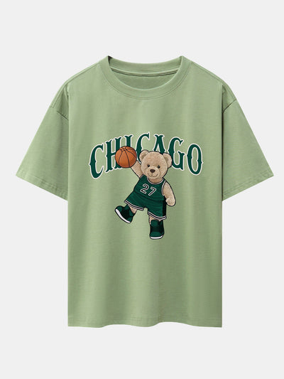 Chicago Basketball Bear Print Drop Shoulder Oversize T-Shirt