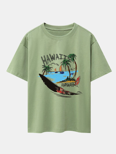 Hawaii Beach Print Drop Shoulder Oversize T-Shirt