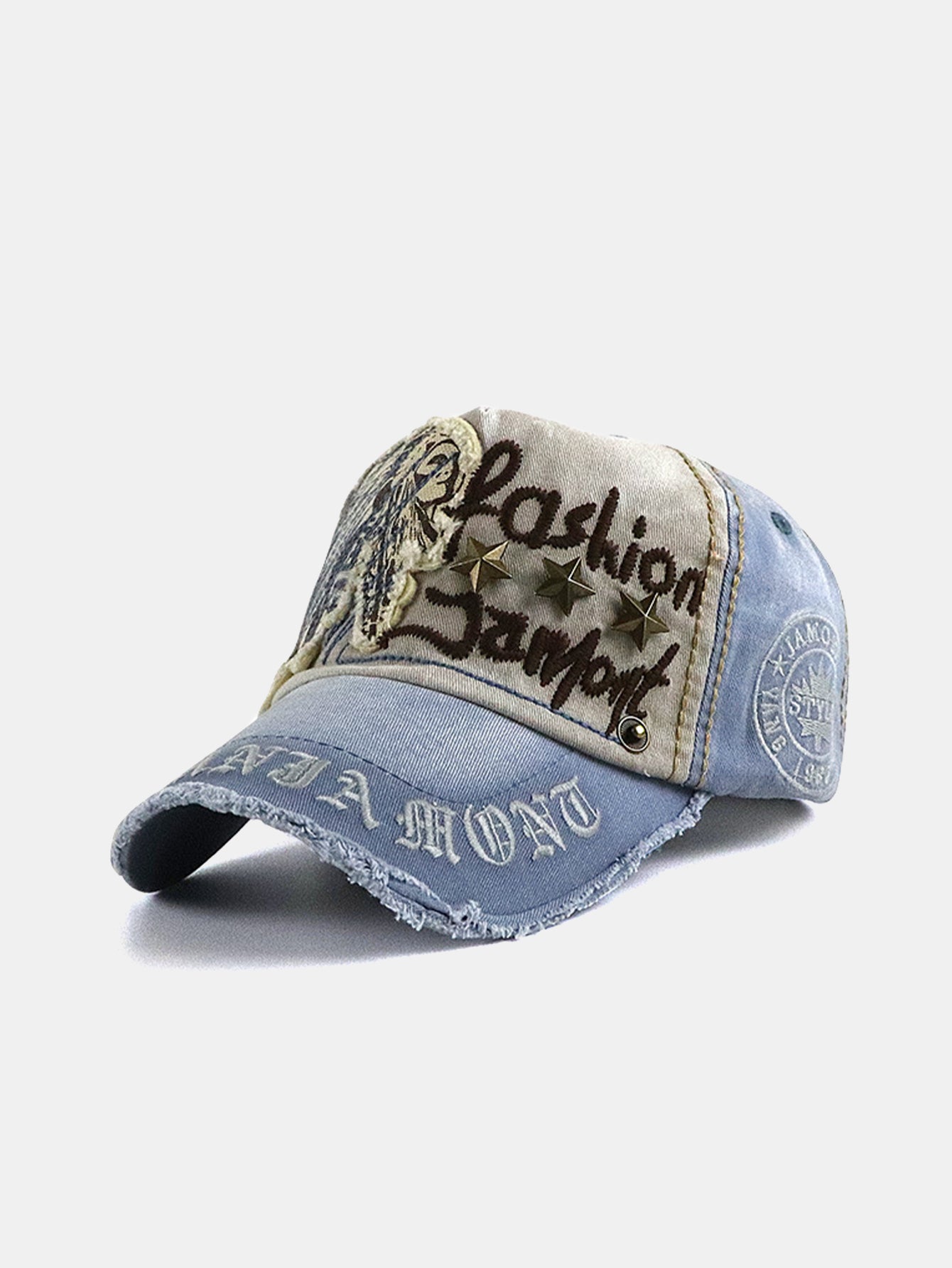 Slogan Embroidery Star Rivets Washed Baseball Cap