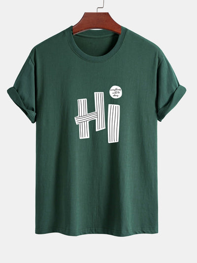 Regular Fit Hi Slogan Lines Print Cotton T-Shirt