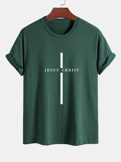 Regular Fit Jesus Christ Stripe Print Cotton T-Shirt