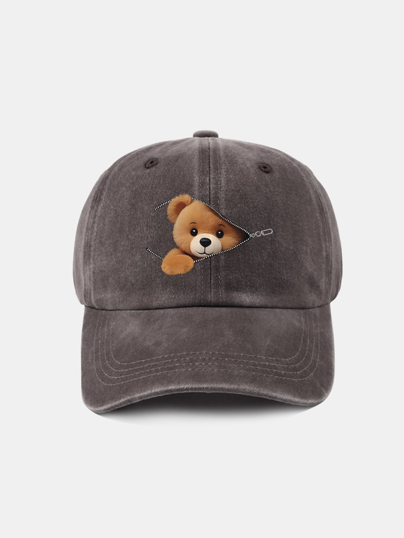 Zipper Bear Pattern Casual Washed Cotton Baseball Cap