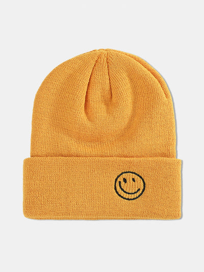 Smiling Embroidered Pattern Solid Color Cuffed Knitted Hat