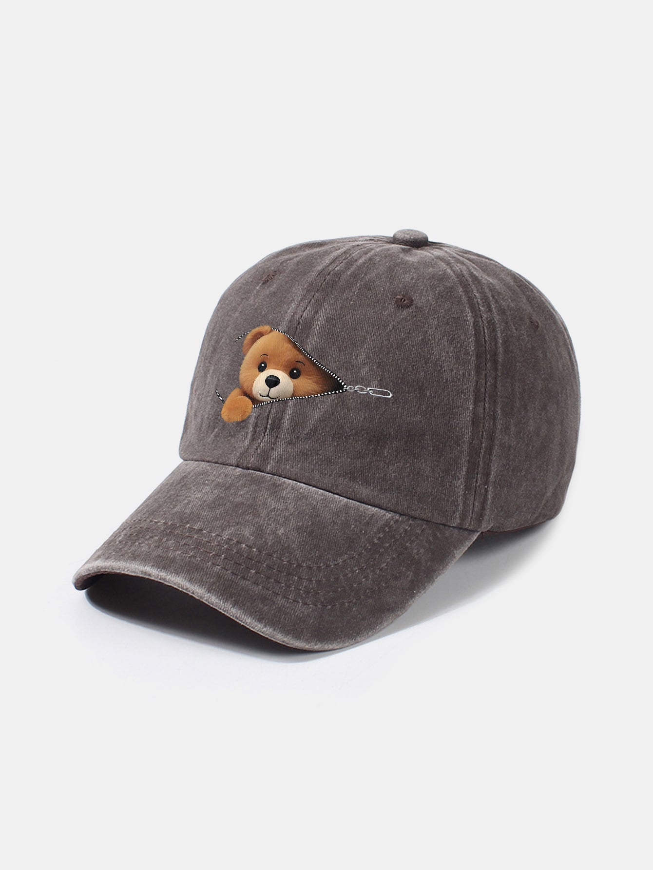 Zipper Bear Pattern Casual Washed Cotton Baseball Cap