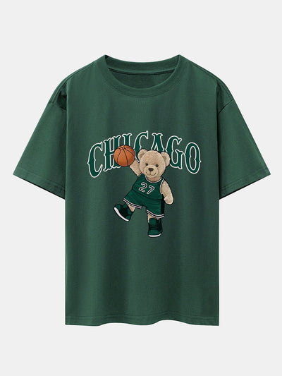 Chicago Basketball Bear Print Drop Shoulder Oversize T-Shirt