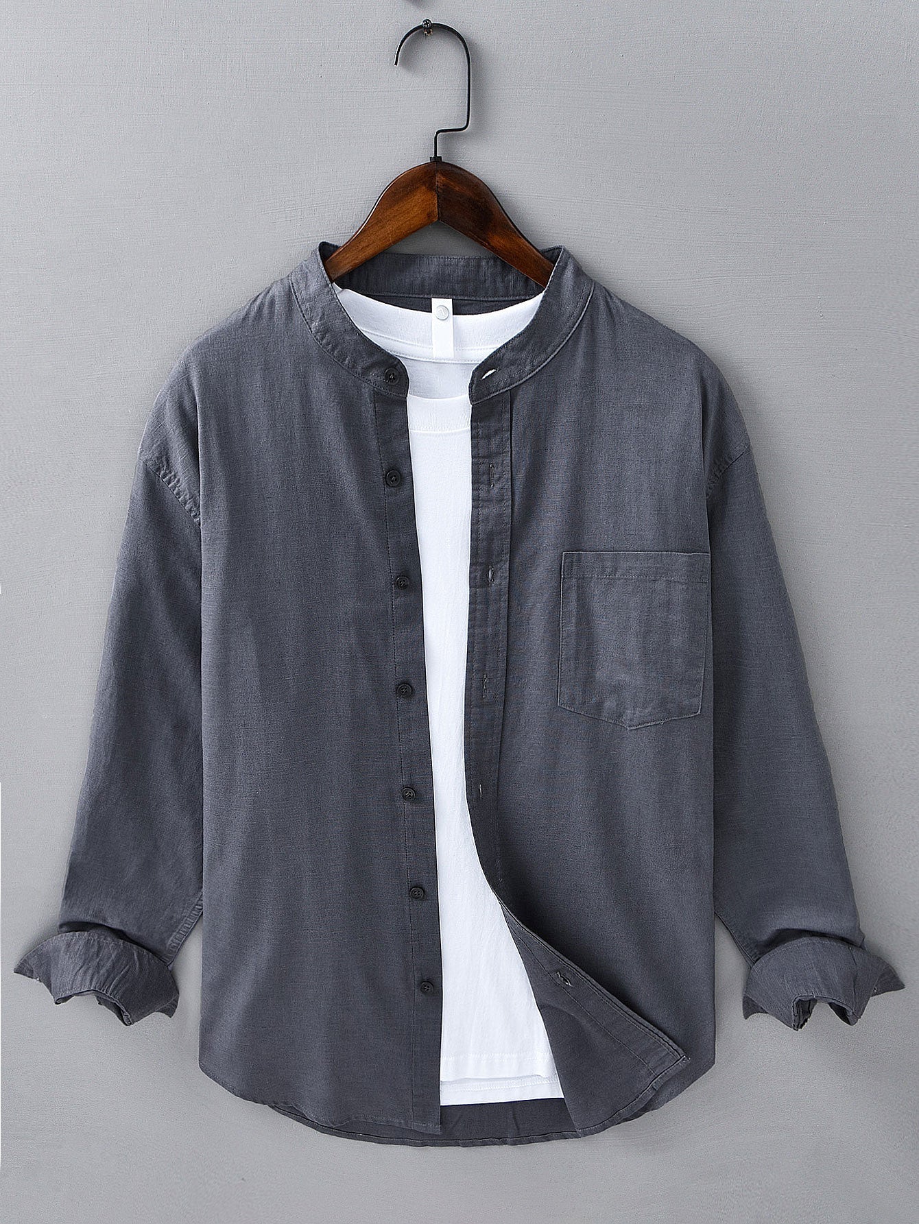 Long Sleeve Linen Cotton Stand Collar Shirt With Pocket