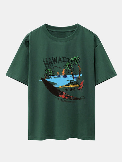 Hawaii Beach Print Drop Shoulder Oversize T-Shirt