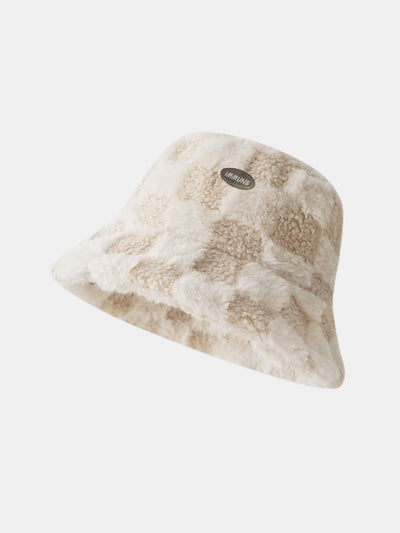 Check Plush Warm Faux Fur Bucket Hat