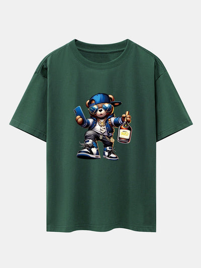 Hip Hop Bear Print Drop Shoulder Oversize T-Shirt