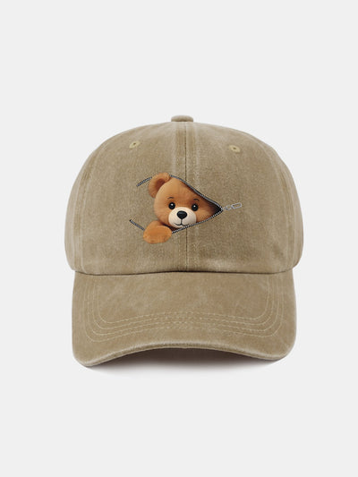 Zipper Bear Pattern Casual Washed Cotton Baseball Cap