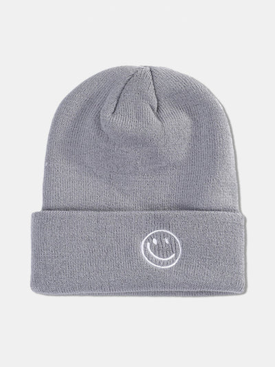 Smiling Embroidered Pattern Solid Color Cuffed Knitted Hat