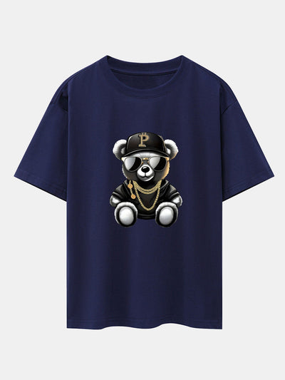 Hip Hop Bear Print Drop Shoulder Oversize T-Shirt