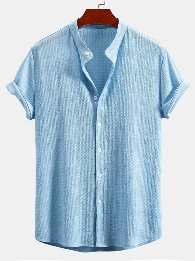 Muscle Fit Wrinkled Textured Stand Collar Shirt