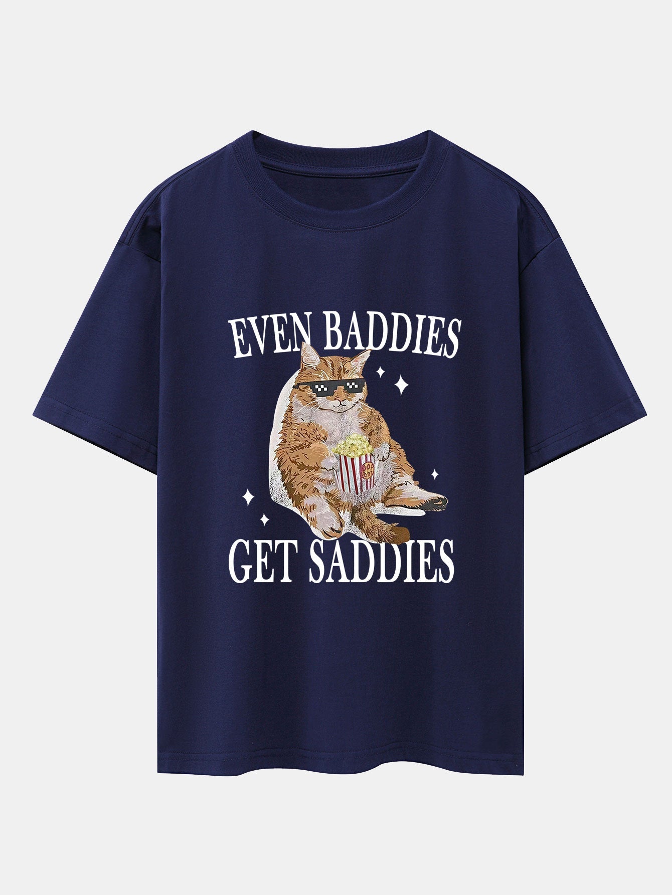 Even Baddies Get Saddies Cat Print Drop Shoulder Oversize T-Shirt