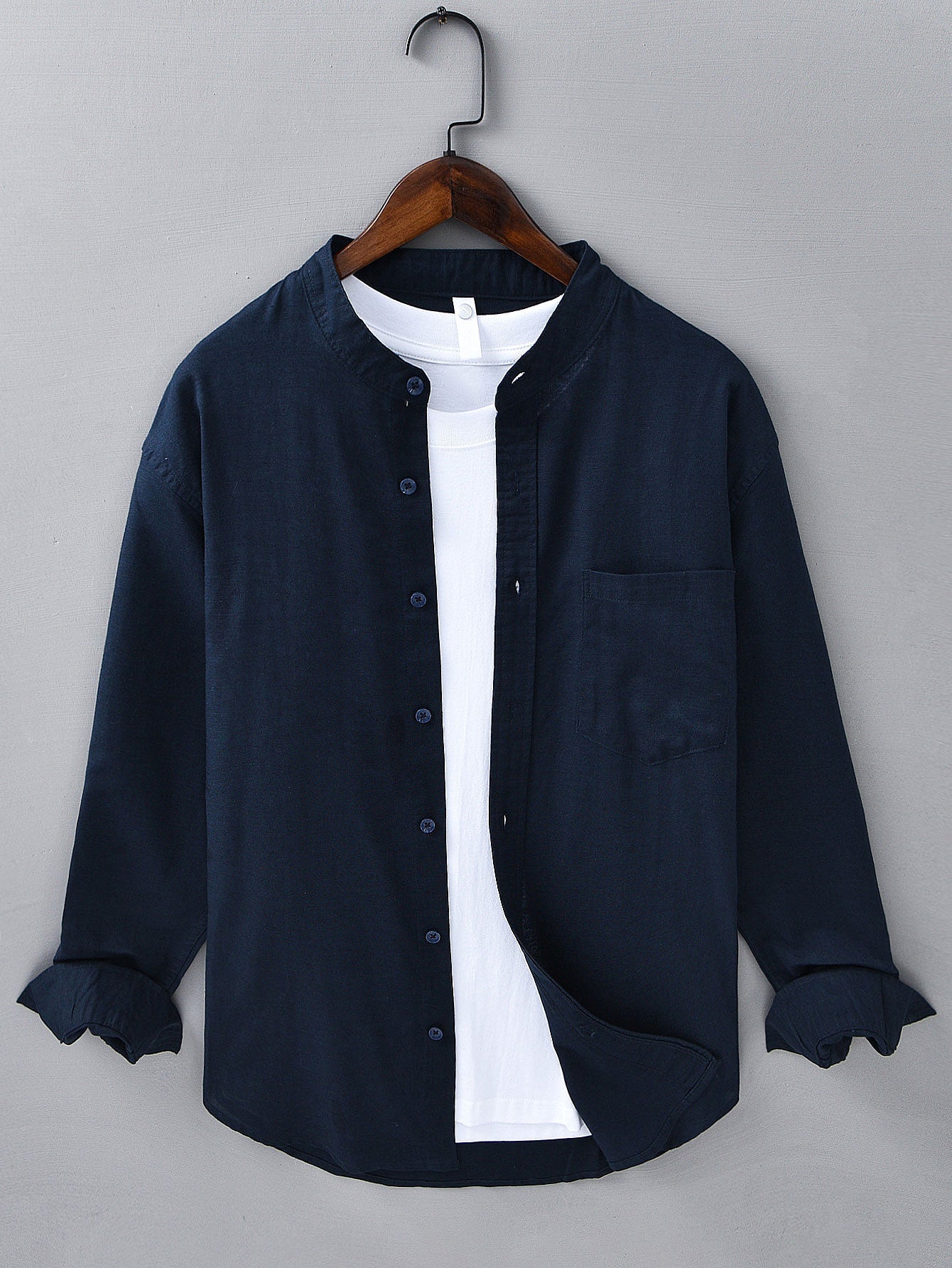 Long Sleeve Linen Cotton Stand Collar Shirt With Pocket