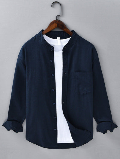 Long Sleeve Linen Cotton Stand Collar Shirt With Pocket