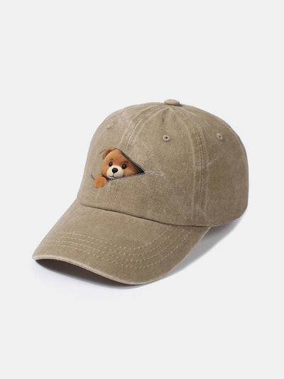 Zipper Bear Pattern Casual Washed Cotton Baseball Cap