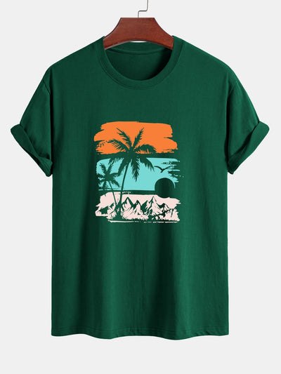 Regular Fit Palm Tree Silhouette Print Cotton T-Shirt