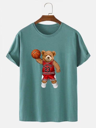 Bear Playing Basketball Print T-Shirt