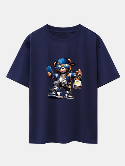 Hip Hop Bear Print Drop Shoulder Oversize T-Shirt