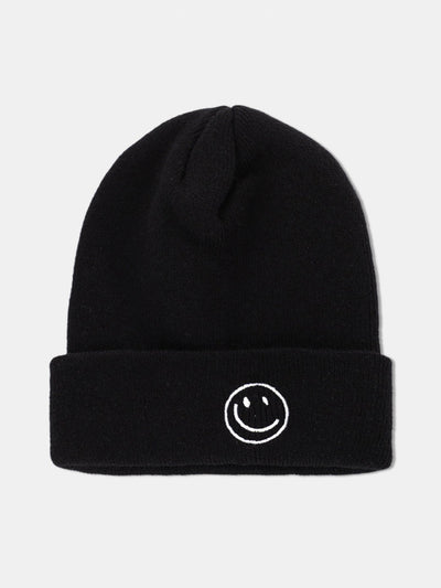 Smiling Embroidered Pattern Solid Color Cuffed Knitted Hat