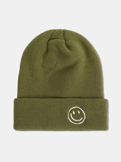 Smiling Embroidered Pattern Solid Color Cuffed Knitted Hat