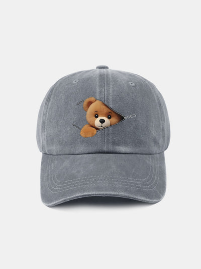 Zipper Bear Pattern Casual Washed Cotton Baseball Cap