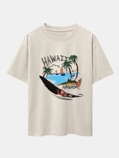 Hawaii Beach Print Drop Shoulder Oversize T-Shirt