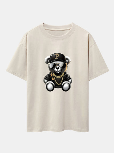 Hip Hop Bear Print Drop Shoulder Oversize T-Shirt