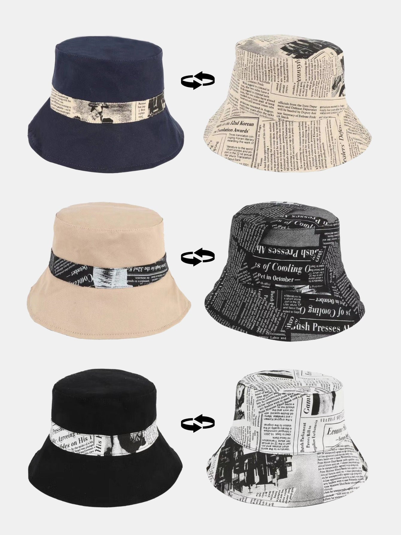 Newspaper Print Double Side Reversible Bucket Hat
