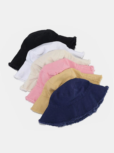 Solid Washed Cotton Frayed Bucket Hat
