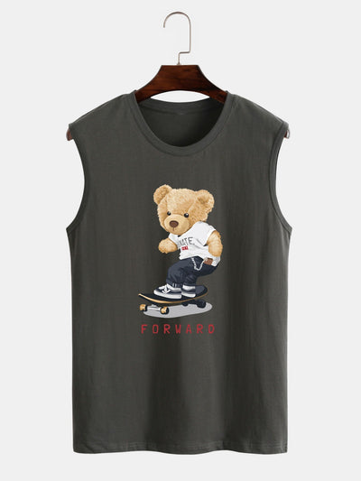 Hoooyi Skateboard Bear Print Tank Top