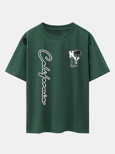 New York California Palm Tree Print Drop Shoulder Oversize T-Shirt
