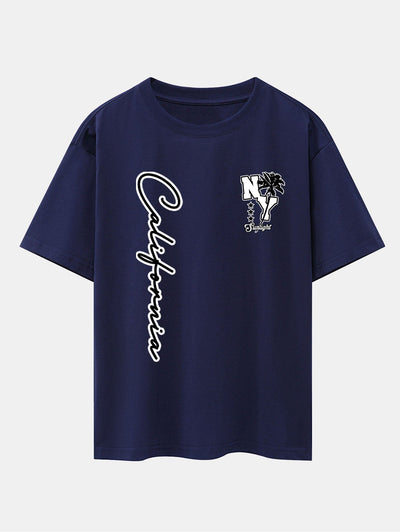 New York California Palm Tree Print Drop Shoulder Oversize T-Shirt