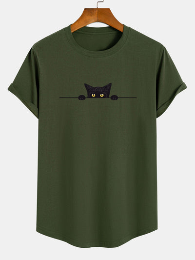Black Cat Print Cotton Arc Hem T-Shirt
