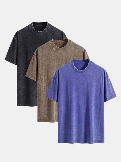 3 Pieces Washed Distressed Drop Shoulder T-Shirt