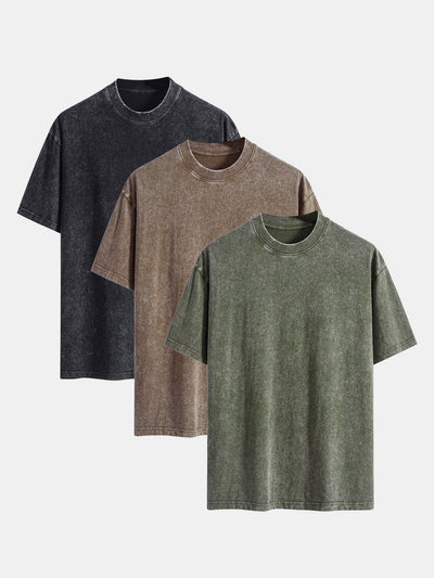 3 Pieces Washed Distressed Drop Shoulder T-Shirt