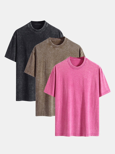 3 Pieces Washed Distressed Drop Shoulder T-Shirt