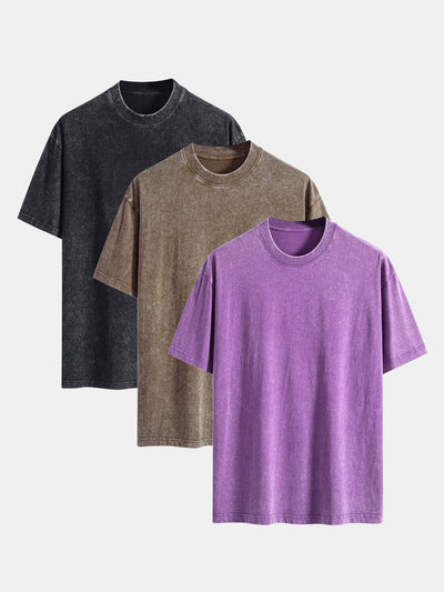 3 Pieces Washed Distressed Drop Shoulder T-Shirt