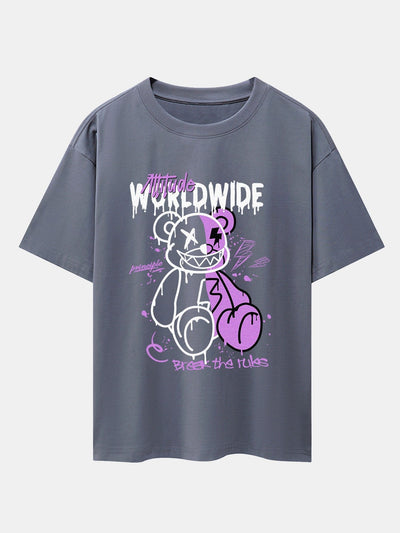 Dissolving Bear Print Drop Shoulder Oversize T-Shirt