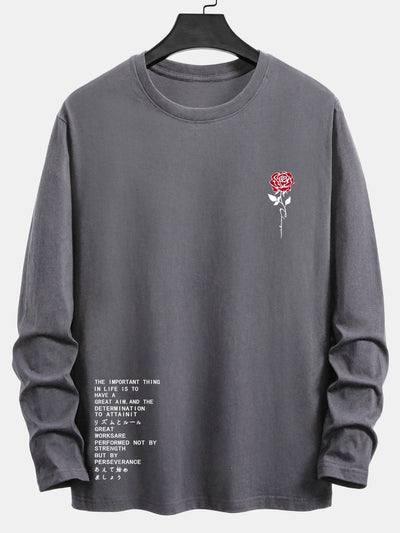 Long Sleeve Slogon Rose Print Cotton T-Shirt