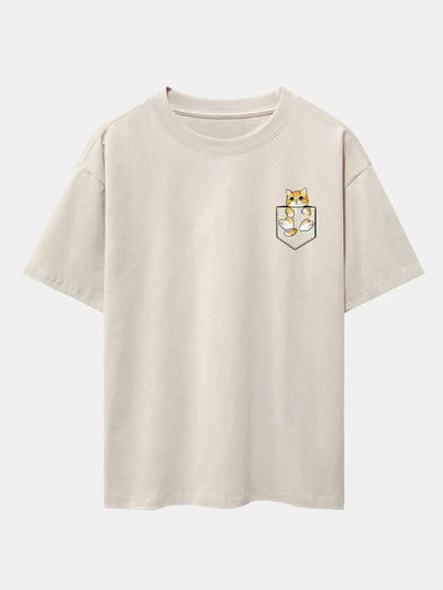 Pocket Cat Print Drop Shoulder Oversize T-Shirt