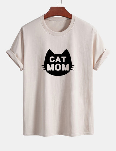 Regular Fit Cat Mom Print Cotton T-Shirt