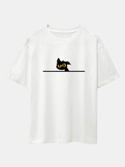 Black Cat In Doubt Print Drop Shoulder Oversize T-Shirt